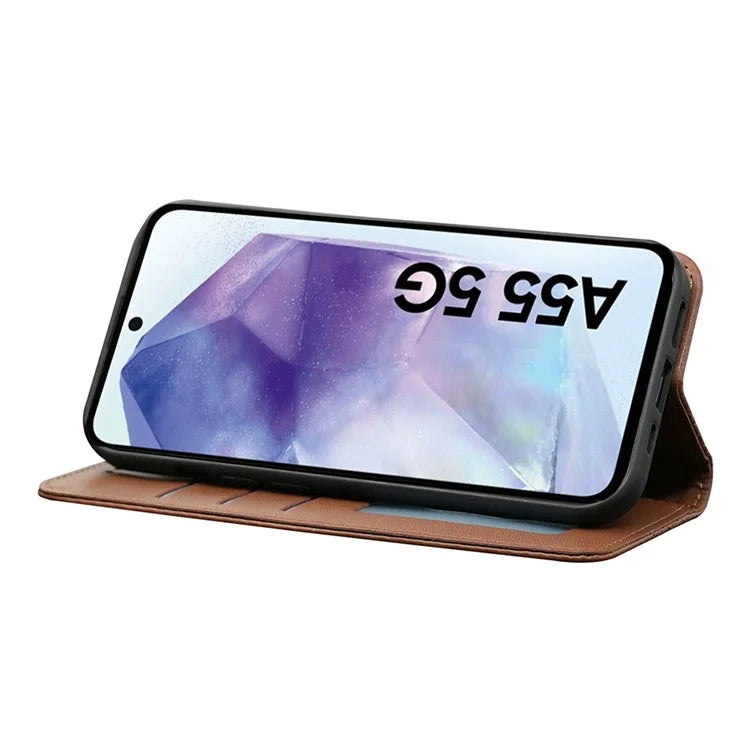 For Samsung Galaxy A55 5G Wallet Phone Case Strong Magnetic Checkered Pattern Imprint Leather Flip Cover