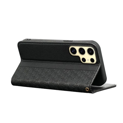 For Samsung Galaxy S24 Ultra Wallet Phone Case Strong Magnetic Checkered Pattern Imprint Leather Flip Cover
