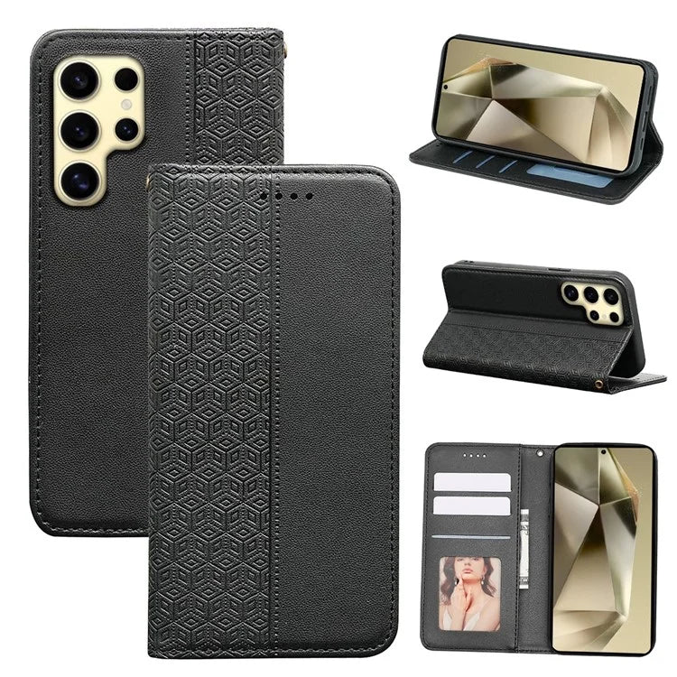 For Samsung Galaxy S24 Ultra Wallet Phone Case Strong Magnetic Checkered Pattern Imprint Leather Flip Cover