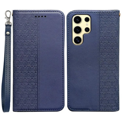For Samsung Galaxy S24 Ultra Wallet Phone Case Strong Magnetic Checkered Pattern Imprint Leather Flip Cover