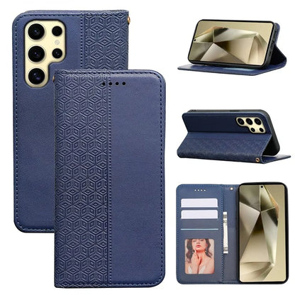 For Samsung Galaxy S24 Ultra Wallet Phone Case Strong Magnetic Checkered Pattern Imprint Leather Flip Cover