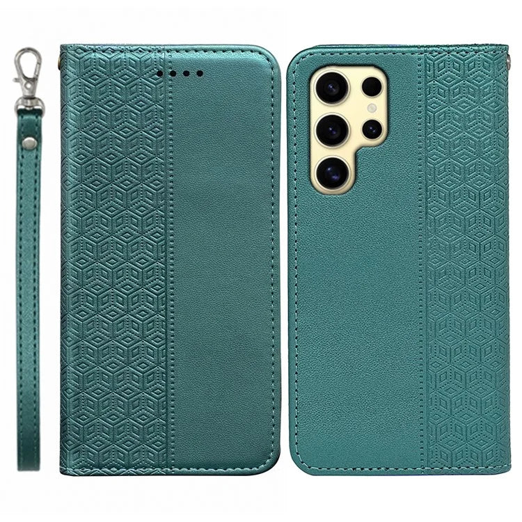 For Samsung Galaxy S24 Ultra Wallet Phone Case Strong Magnetic Checkered Pattern Imprint Leather Flip Cover