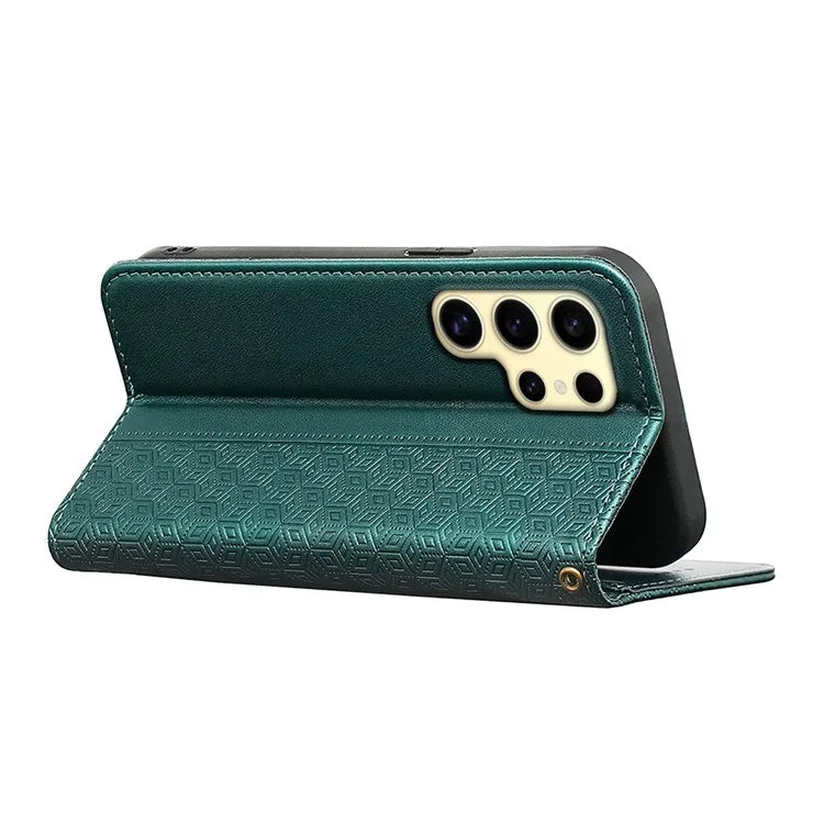 For Samsung Galaxy S24 Ultra Wallet Phone Case Strong Magnetic Checkered Pattern Imprint Leather Flip Cover