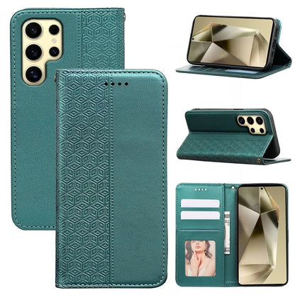 For Samsung Galaxy S24 Ultra Wallet Phone Case Strong Magnetic Checkered Pattern Imprint Leather Flip Cover