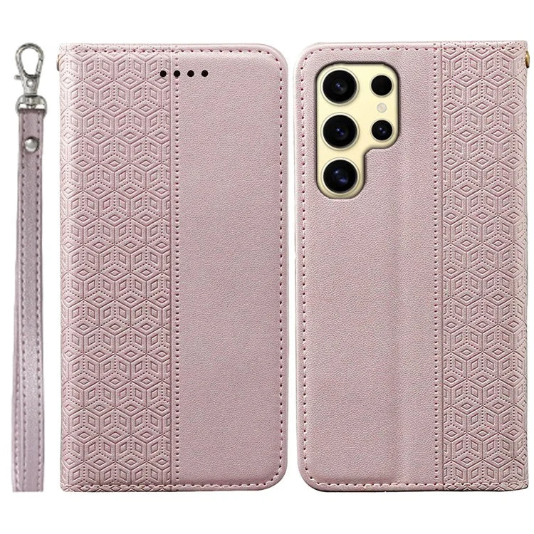 For Samsung Galaxy S24 Ultra Wallet Phone Case Strong Magnetic Checkered Pattern Imprint Leather Flip Cover