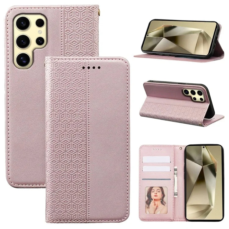 For Samsung Galaxy S24 Ultra Wallet Phone Case Strong Magnetic Checkered Pattern Imprint Leather Flip Cover