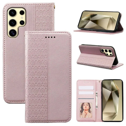For Samsung Galaxy S24 Ultra Wallet Phone Case Strong Magnetic Checkered Pattern Imprint Leather Flip Cover