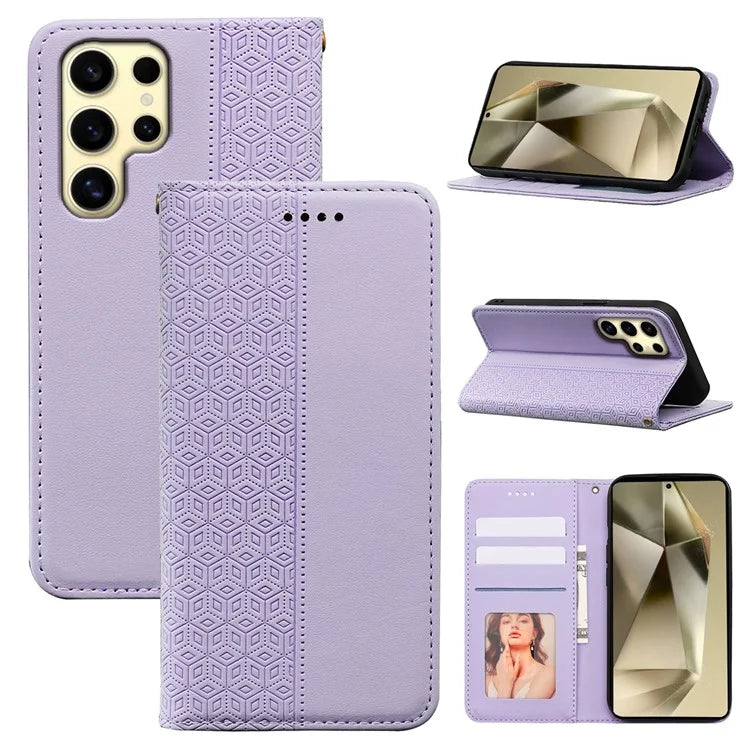 For Samsung Galaxy S24 Ultra Wallet Phone Case Strong Magnetic Checkered Pattern Imprint Leather Flip Cover
