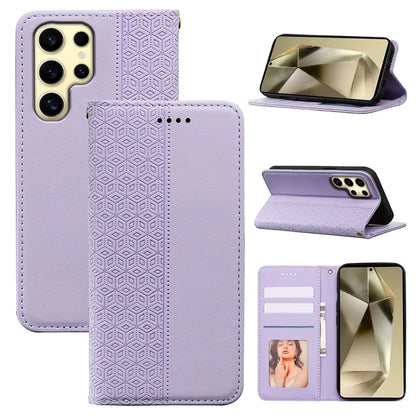 For Samsung Galaxy S24 Ultra Wallet Phone Case Strong Magnetic Checkered Pattern Imprint Leather Flip Cover