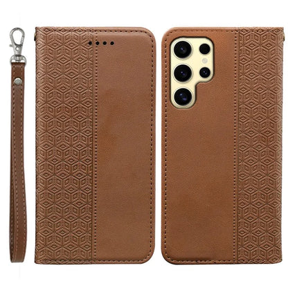 For Samsung Galaxy S24 Ultra Wallet Phone Case Strong Magnetic Checkered Pattern Imprint Leather Flip Cover