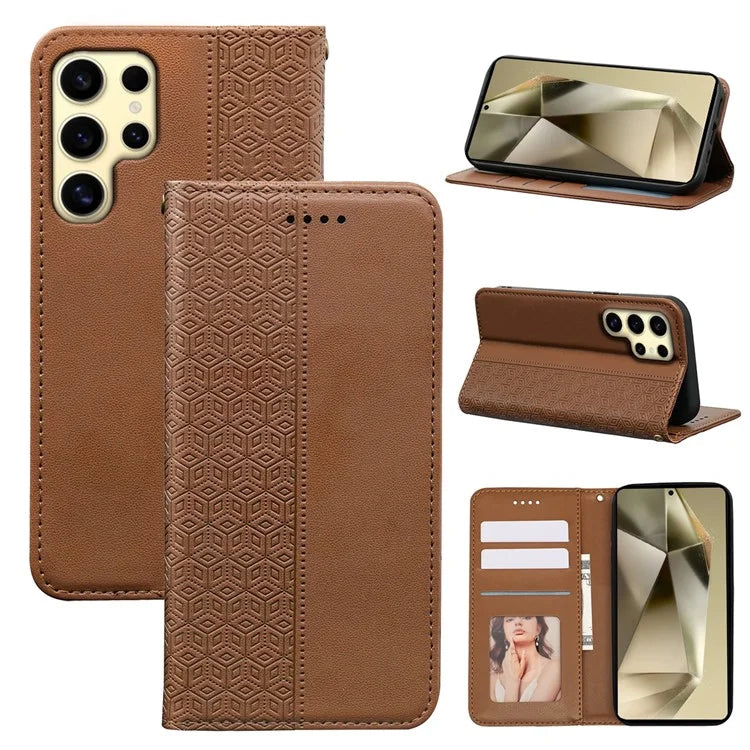 For Samsung Galaxy S24 Ultra Wallet Phone Case Strong Magnetic Checkered Pattern Imprint Leather Flip Cover