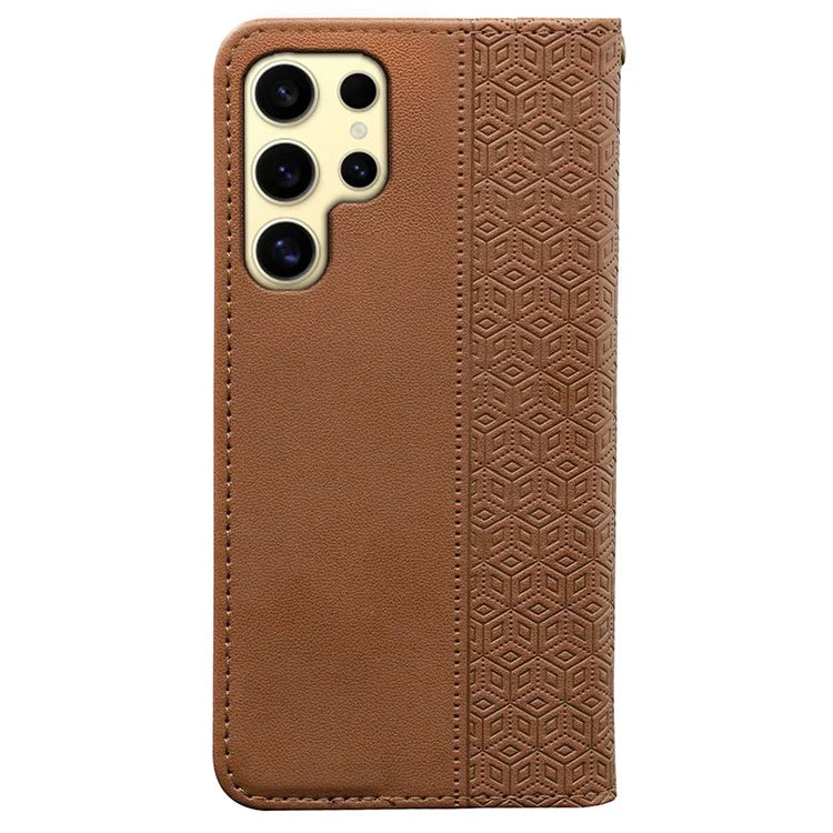 For Samsung Galaxy S24 Ultra Wallet Phone Case Strong Magnetic Checkered Pattern Imprint Leather Flip Cover