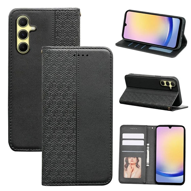 For Samsung Galaxy A15 4G / 5G Wallet Phone Case Strong Magnetic Checkered Pattern Imprint Leather Flip Cover