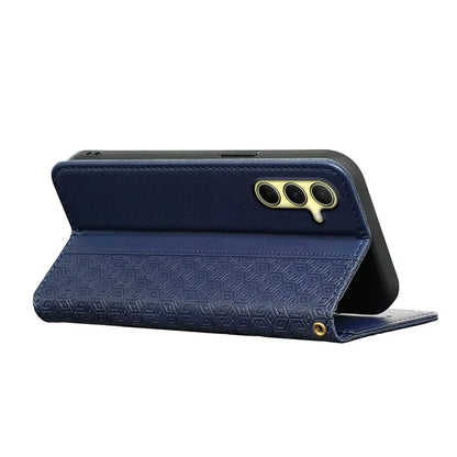 For Samsung Galaxy A15 4G / 5G Wallet Phone Case Strong Magnetic Checkered Pattern Imprint Leather Flip Cover
