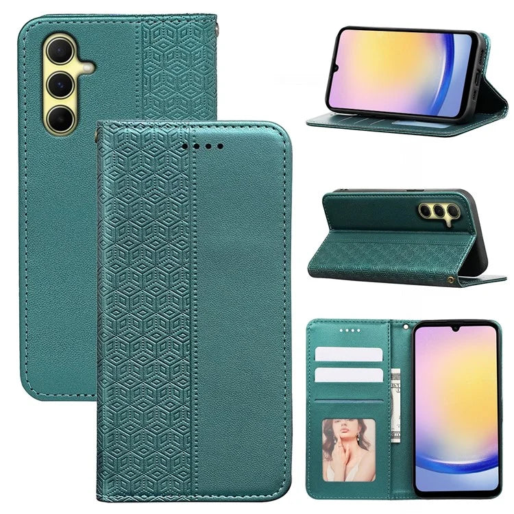 For Samsung Galaxy A15 4G / 5G Wallet Phone Case Strong Magnetic Checkered Pattern Imprint Leather Flip Cover