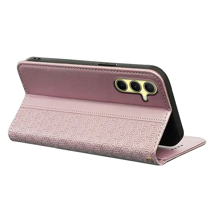 For Samsung Galaxy A15 4G / 5G Wallet Phone Case Strong Magnetic Checkered Pattern Imprint Leather Flip Cover