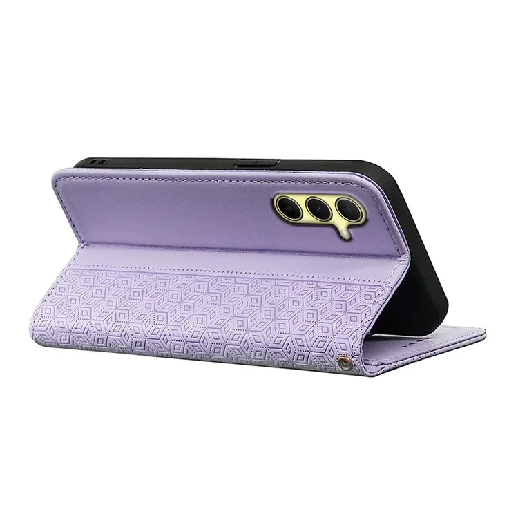 For Samsung Galaxy A15 4G / 5G Wallet Phone Case Strong Magnetic Checkered Pattern Imprint Leather Flip Cover