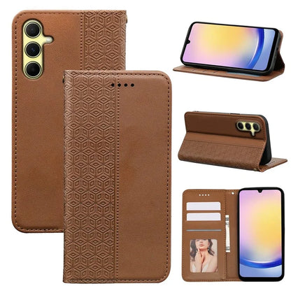 For Samsung Galaxy A15 4G / 5G Wallet Phone Case Strong Magnetic Checkered Pattern Imprint Leather Flip Cover