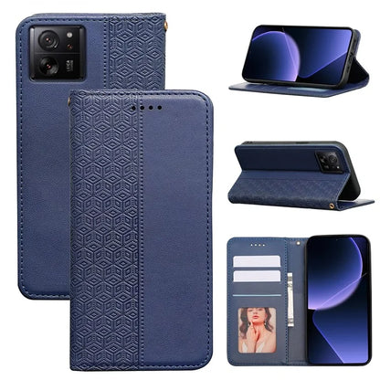 For Xiaomi 14T Wallet Phone Case Strong Magnetic Checkered Pattern Imprint Leather Flip Cover