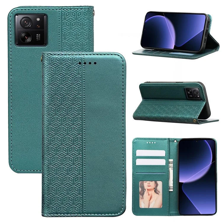For Xiaomi 14T Wallet Phone Case Strong Magnetic Checkered Pattern Imprint Leather Flip Cover