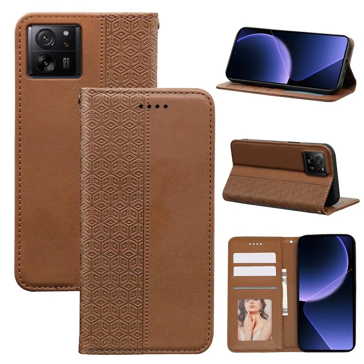 For Xiaomi 14T Wallet Phone Case Strong Magnetic Checkered Pattern Imprint Leather Flip Cover