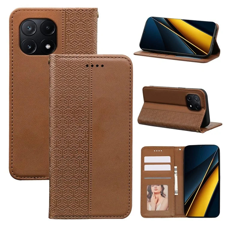For Xiaomi Poco X6 Pro 5G / Redmi K70E 5G Wallet Phone Case Strong Magnetic Checkered Pattern Imprint Leather Flip Cover