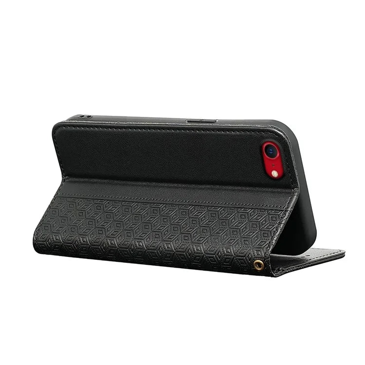For iPhone SE (2024) Wallet Phone Case Strong Magnetic Checkered Pattern Imprint Leather Flip Cover
