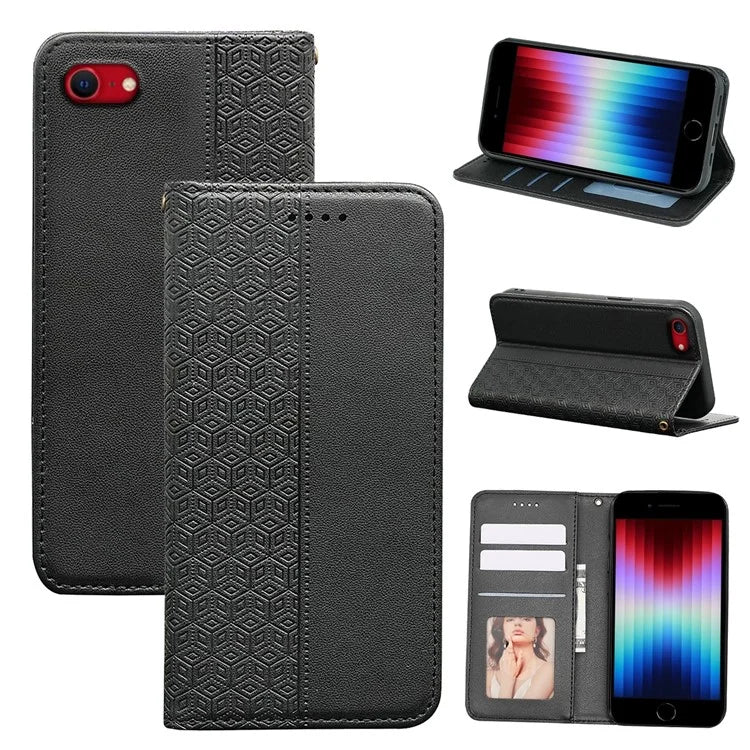 For iPhone SE (2024) Wallet Phone Case Strong Magnetic Checkered Pattern Imprint Leather Flip Cover