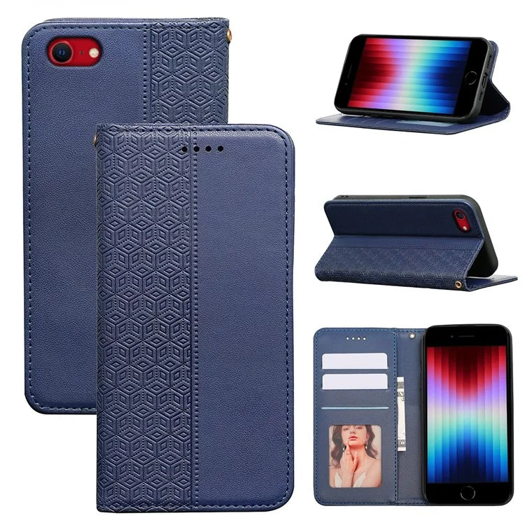 For iPhone SE (2024) Wallet Phone Case Strong Magnetic Checkered Pattern Imprint Leather Flip Cover