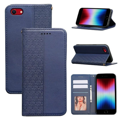 For iPhone SE (2024) Wallet Phone Case Strong Magnetic Checkered Pattern Imprint Leather Flip Cover