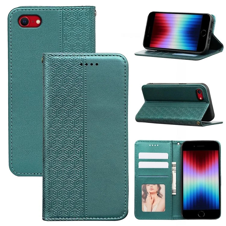 For iPhone SE (2024) Wallet Phone Case Strong Magnetic Checkered Pattern Imprint Leather Flip Cover
