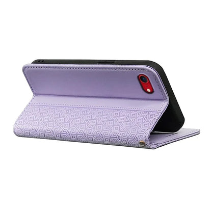 For iPhone SE (2024) Wallet Phone Case Strong Magnetic Checkered Pattern Imprint Leather Flip Cover