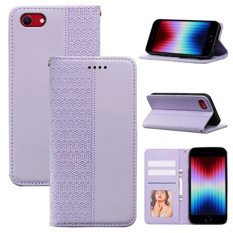 For iPhone SE (2024) Wallet Phone Case Strong Magnetic Checkered Pattern Imprint Leather Flip Cover