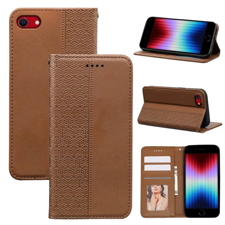 For iPhone SE (2024) Wallet Phone Case Strong Magnetic Checkered Pattern Imprint Leather Flip Cover