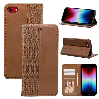 For iPhone SE (2024) Wallet Phone Case Strong Magnetic Checkered Pattern Imprint Leather Flip Cover