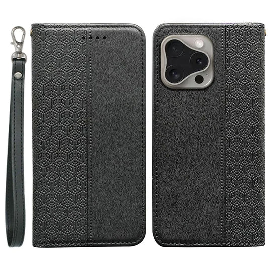 For iPhone 16 Pro Max Wallet Phone Case Strong Magnetic Checkered Pattern Imprint Leather Flip Cover