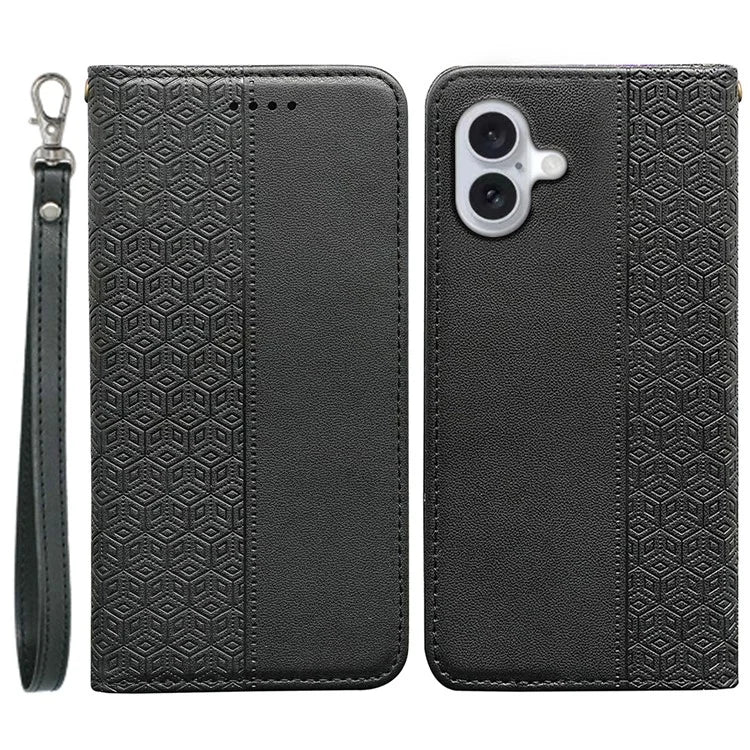 For iPhone 16 Plus Wallet Phone Case Strong Magnetic Checkered Pattern Imprint Leather Flip Cover