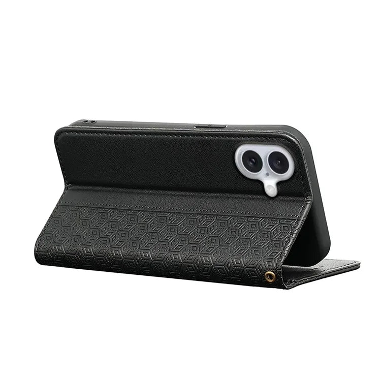 For iPhone 16 Plus Wallet Phone Case Strong Magnetic Checkered Pattern Imprint Leather Flip Cover