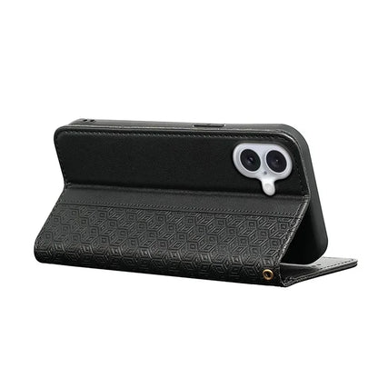 For iPhone 16 Plus Wallet Phone Case Strong Magnetic Checkered Pattern Imprint Leather Flip Cover