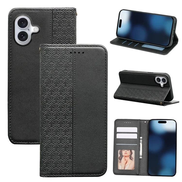 For iPhone 16 Plus Wallet Phone Case Strong Magnetic Checkered Pattern Imprint Leather Flip Cover