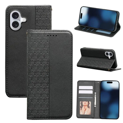 For iPhone 16 Plus Wallet Phone Case Strong Magnetic Checkered Pattern Imprint Leather Flip Cover