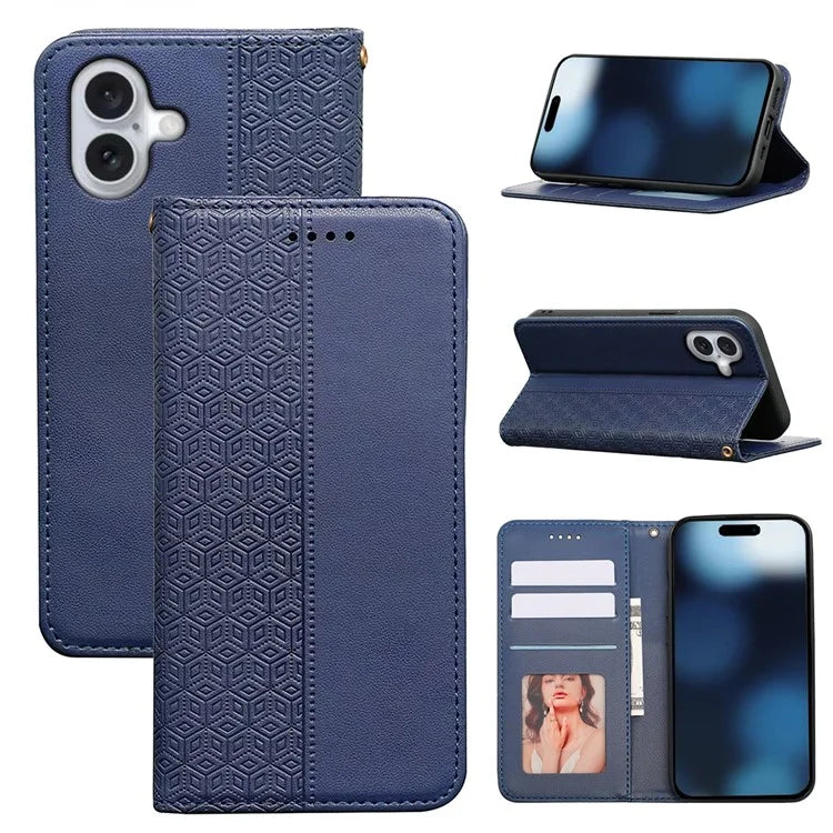 For iPhone 16 Plus Wallet Phone Case Strong Magnetic Checkered Pattern Imprint Leather Flip Cover