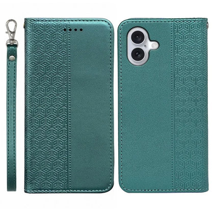 For iPhone 16 Plus Wallet Phone Case Strong Magnetic Checkered Pattern Imprint Leather Flip Cover