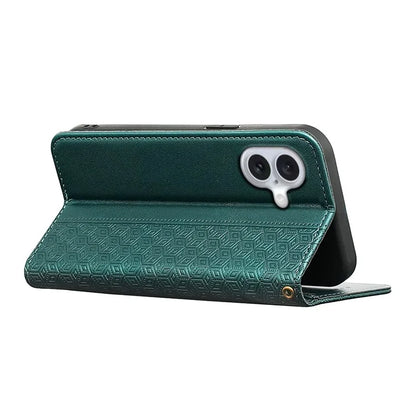 For iPhone 16 Plus Wallet Phone Case Strong Magnetic Checkered Pattern Imprint Leather Flip Cover