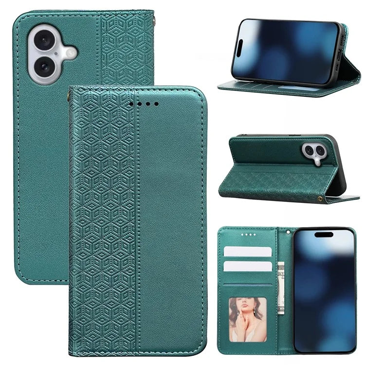 For iPhone 16 Plus Wallet Phone Case Strong Magnetic Checkered Pattern Imprint Leather Flip Cover