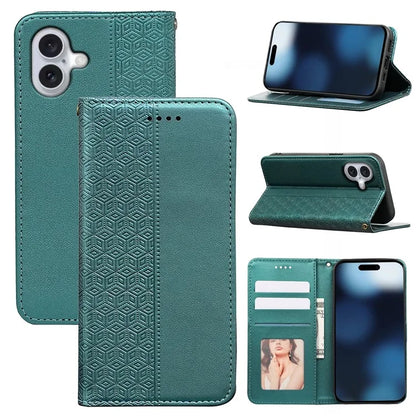 For iPhone 16 Plus Wallet Phone Case Strong Magnetic Checkered Pattern Imprint Leather Flip Cover