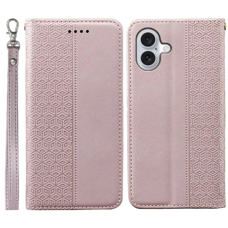 For iPhone 16 Plus Wallet Phone Case Strong Magnetic Checkered Pattern Imprint Leather Flip Cover
