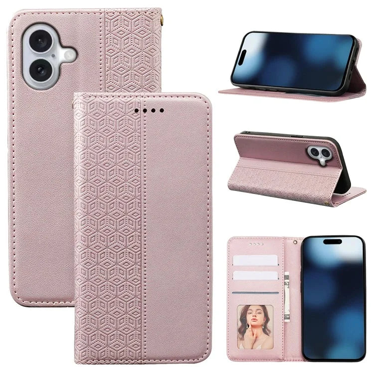 For iPhone 16 Plus Wallet Phone Case Strong Magnetic Checkered Pattern Imprint Leather Flip Cover