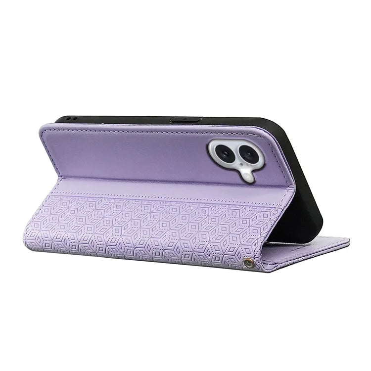 For iPhone 16 Plus Wallet Phone Case Strong Magnetic Checkered Pattern Imprint Leather Flip Cover