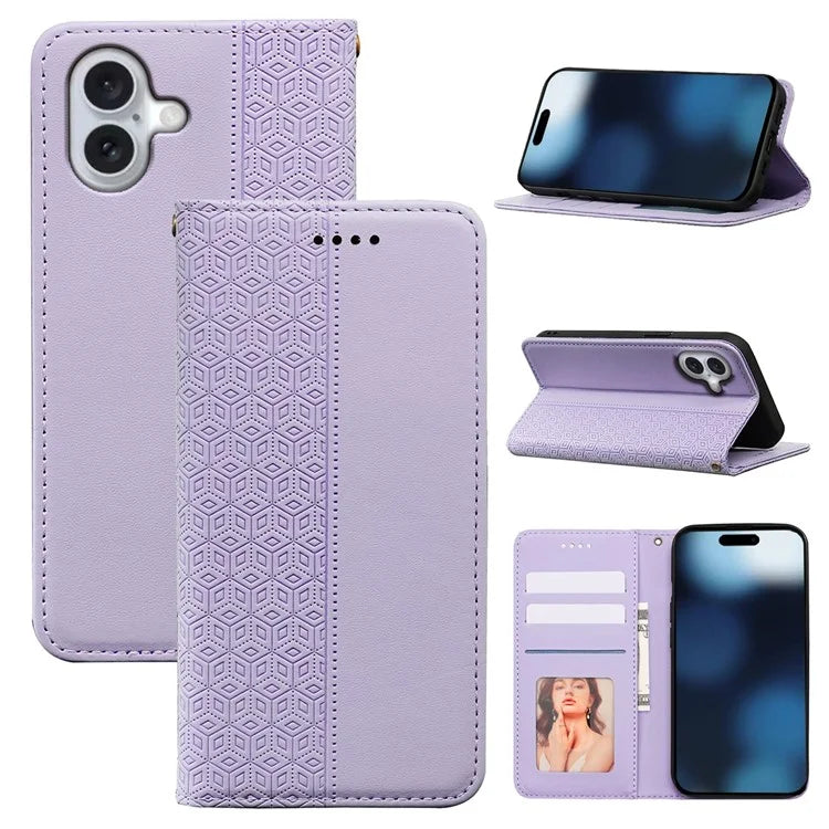 For iPhone 16 Plus Wallet Phone Case Strong Magnetic Checkered Pattern Imprint Leather Flip Cover